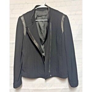 Elie Tahari Women’s Black Leather  trim Jacket Asymmetrical Moto Biker Blazer M
